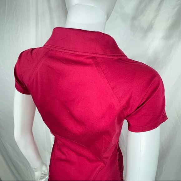 Ann Taylor Ruched Front Collared V-Neck Fitted Wine Colored Blouse - Picture 5 of 7